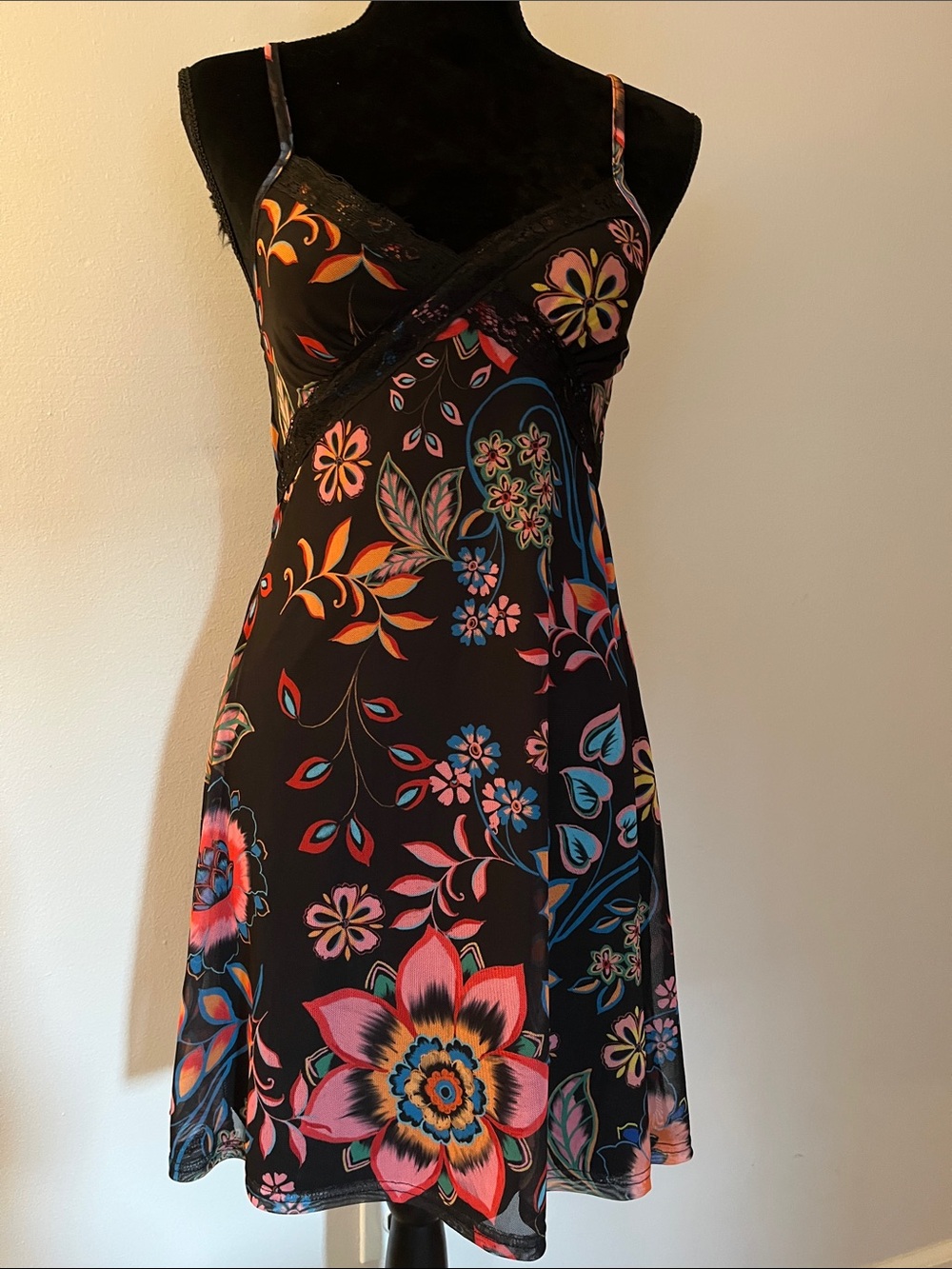 Nasty Gal Floral Mesh Slip Dress, size 6, lace trim, stretch